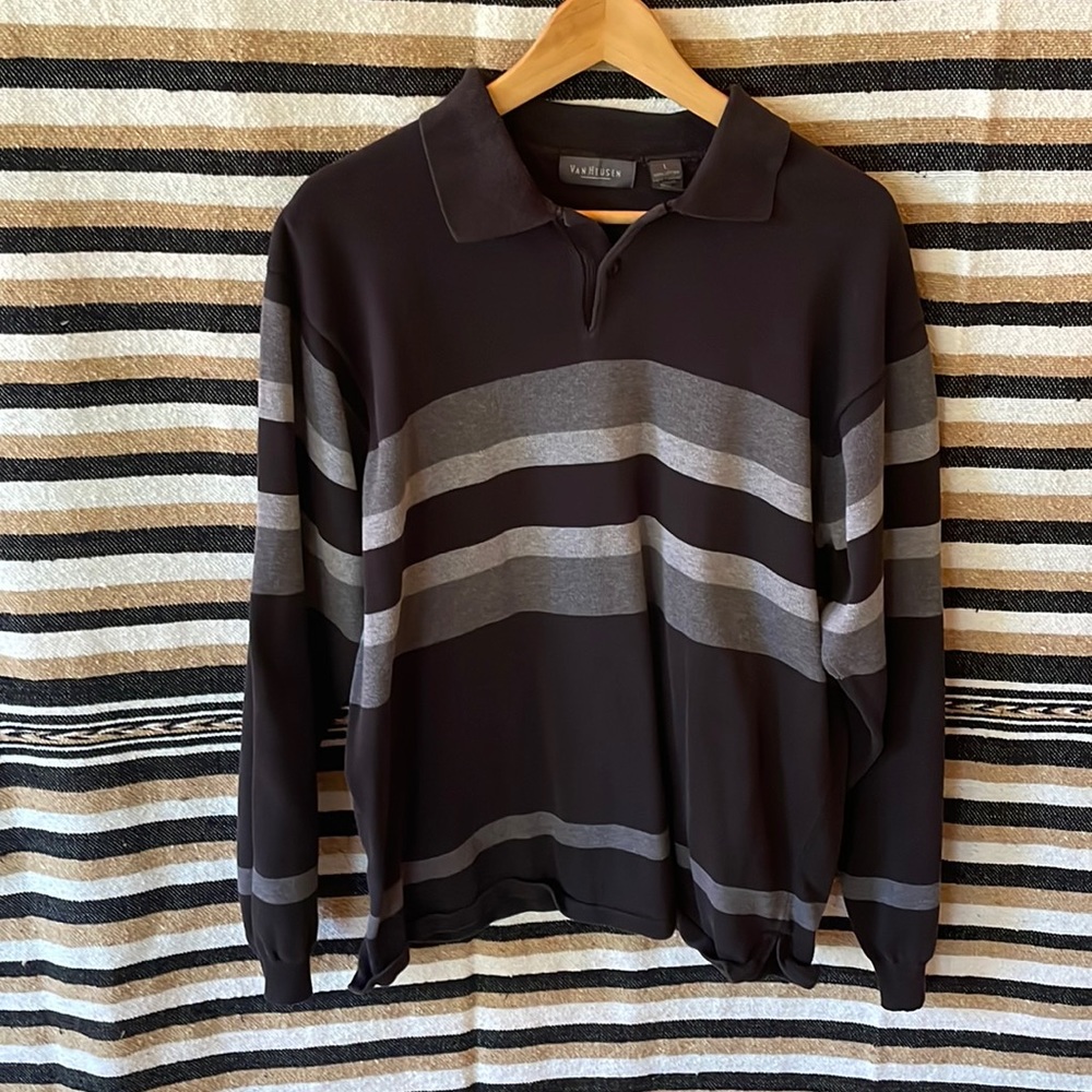 Van Heusen Long-Sleeve Polo Shirt, Large